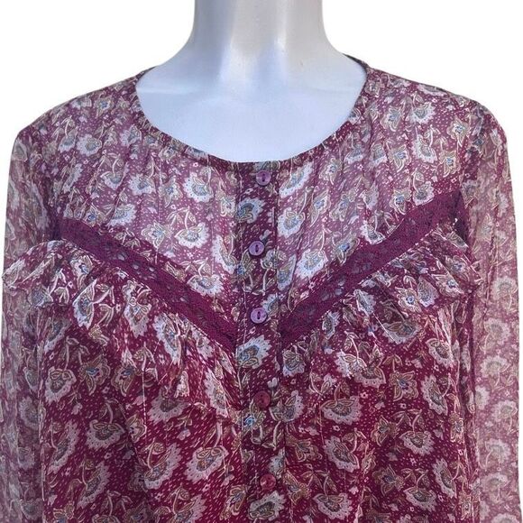 American Eagle Outfitters Blouse Women's Medium Burgundy Floral Chiffon Ruffle - Picture 4 of 13